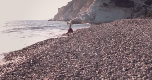 Вид с воздуха на женщину Бохо, гуляющую по пляжу летом — стоковое видео