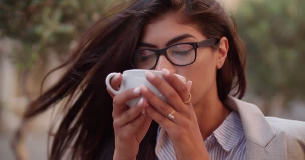 Junge brünette Geschäftsfrau mit Gläsern trinkt Kaffee im Café — Stockvideo