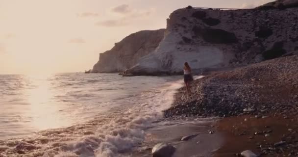 Vista desde arriba de la mujer caminando en la playa de la isla — Vídeos de Stock