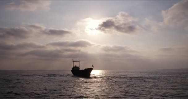 Luchtfoto van een vrachtschip dat in zeewateren is verankerd — Stockvideo