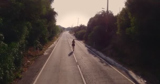 Luchtfoto van een vrouw die alleen op de landweg loopt — Stockvideo