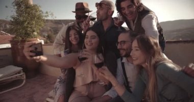 Şarap ve bira içen arkadaşlar ve kır evinden görüntülü konuşma.