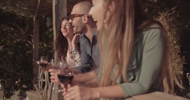 Jóvenes amigos beber vino tinto en rústica casa de campo balcón — Vídeos de Stock