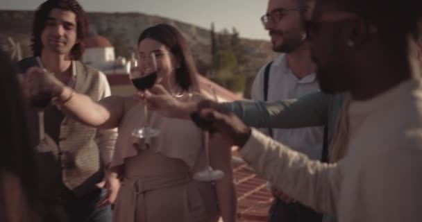 Amigos multiétnicos haciendo un brindis en una elegante fiesta campestre rústica — Vídeo de stock