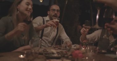 Genç arkadaşlar zarif kırsal akşam yemeği partisinde kutlama yapıp kadeh kaldırıyorlar.