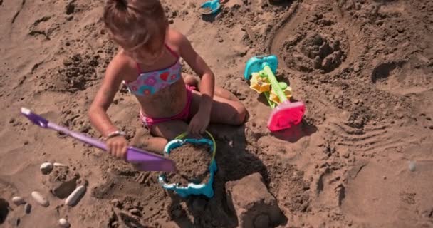 Menina brincando com brinquedos na praia — Vídeo de Stock