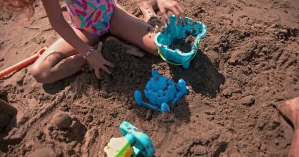 Młode dzieci budują zamki na plaży w letnie wakacje — Wideo stockowe