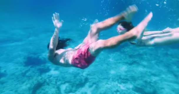 熱帯の島の休日に水中で泳ぐ若いカップル — ストック動画