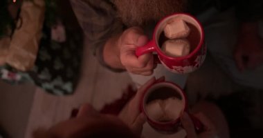 Olgun karı koca Noel arifesinde sıcak çikolata içiyor.