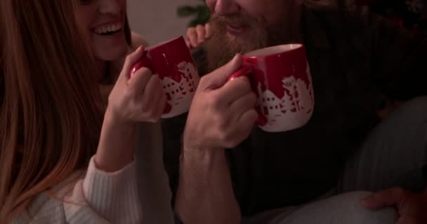 Volwassen getrouwd paar drinken warme chocolademelk samen op kerstdag — Stockvideo