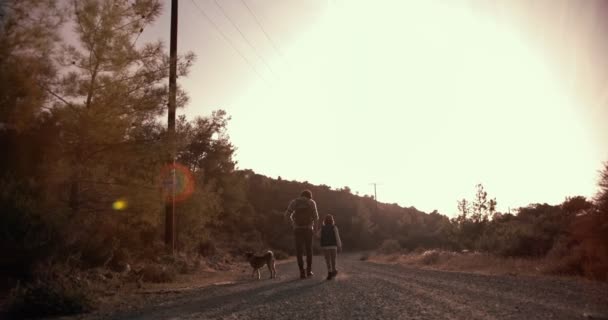 Vader en zoon wandelen met hond in de natuur — Stockvideo