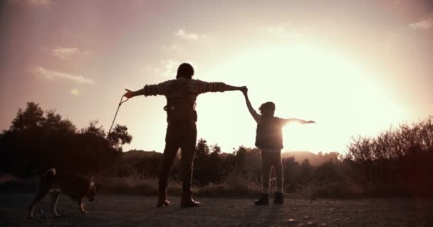 Pai e filho caminhantes no pico da montanha com os braços estendidos — Vídeo de Stock