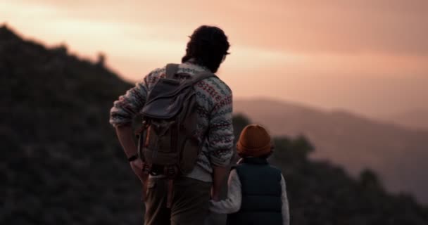 Padre e hijo excursionistas mirando a la vista desde el pico de la montaña — Vídeo de stock