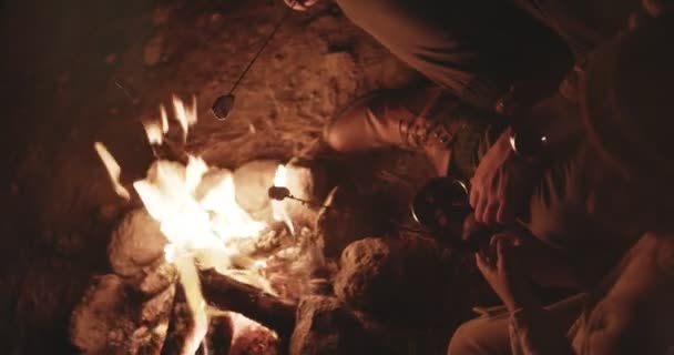 Junger Vater und Sohn braten nachts Marshmallows am Lagerfeuer — Stockvideo