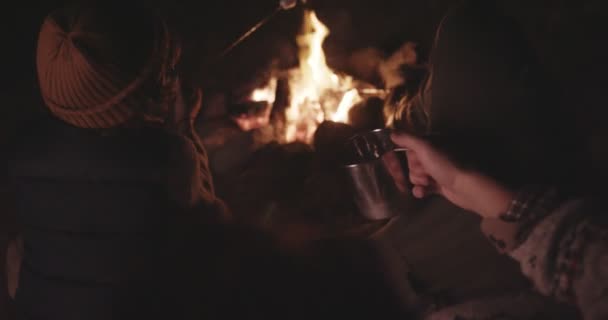 Padre e figlio camper rilassante da falò e marshmallow arrostimento — Video Stock