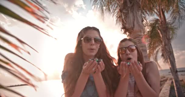 Young women celebrating with confetti at palm tree beach — Stock Video