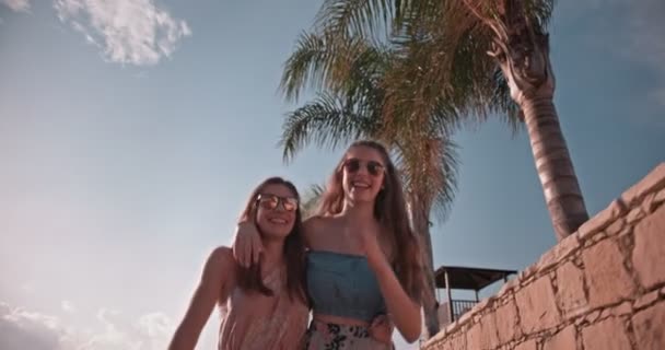 Gelukkig tiener meisjes having plezier wandelen op palm boom strand — Stockvideo