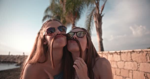 Hipster adolescentes se divierten con bigotes de pelo en verano — Vídeo de stock