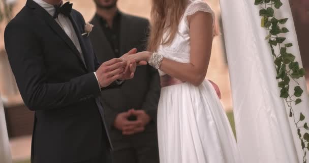 Bride and groom having outdoors wedding ceremony and exchanging rings — Stock Video