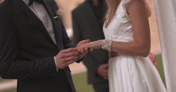 Νύφη και γαμπρός ανταλλάσσουν βέρες και κρατούν τα χέρια — Αρχείο Βίντεο