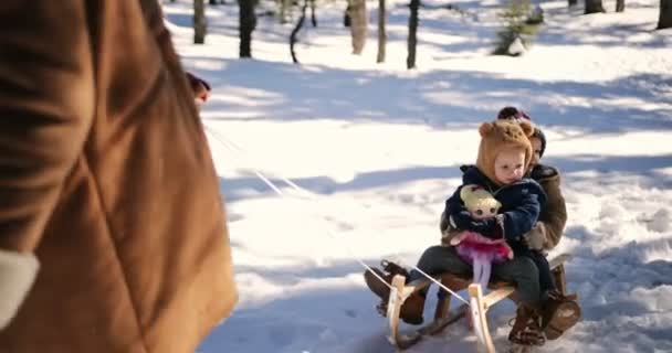 雪の中でそりに乗って楽しんでいる小さな子供たち — ストック動画