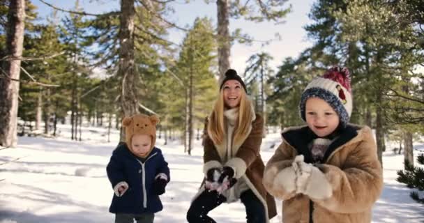 Οικογένεια με μικρά παιδιά που διασκεδάζουν παίζοντας στο χιόνι — Αρχείο Βίντεο