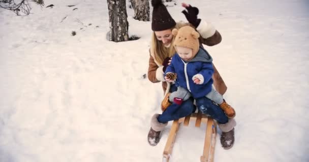 Anne ve kızı karda kızakla eğleniyorlar. — Stok video
