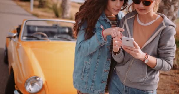 Жінки використовують смартфон і читають онлайн карту на дорожній поїздці — стокове відео