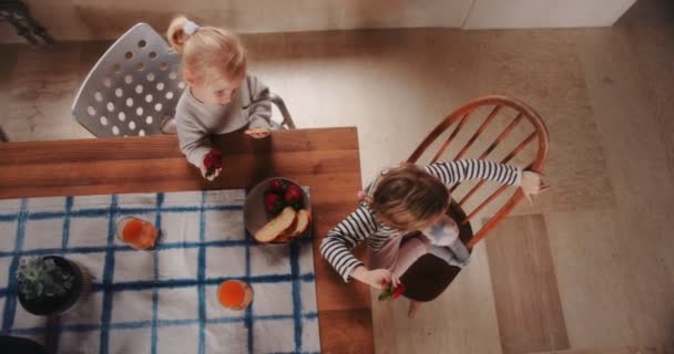 Vista desde arriba de las niñas comiendo bocadillos saludables en casa — Vídeo de stock