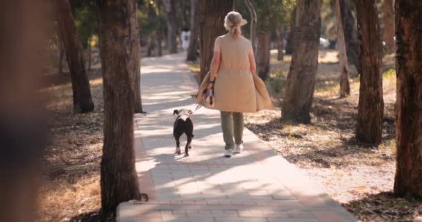 Aktivní starší žena chůze v přírodě se psem na jaře — Stock video