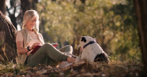 Mulher sênior feliz com cão de estimação leitura livro no parque — Vídeo de Stock