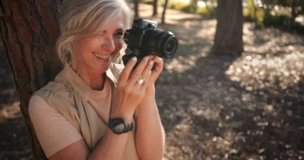 Mutlu yetişkin kadın gezgin ormanda kamerayla fotoğraf çekiyor. — Stok video