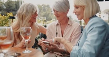 Şık son sınıf kadınları şarap içiyor ve restoranda akıllı telefon kullanıyor.