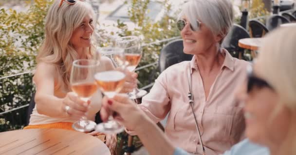 Elegantes mujeres maduras relajándose, brindando y bebiendo vino juntos — Vídeos de Stock