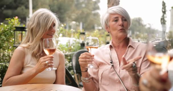 Ältere Freunde trinken ein Glas Wein auf der Terrasse des Restaurants — Stockvideo
