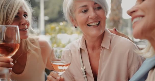 レストランでワインを楽しんでいる幸せな成熟した友人 — ストック動画