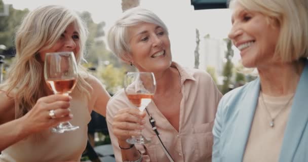 Modische Senioren-Freunde entspannen zusammen und trinken Wein auf der Terrasse — Stockvideo