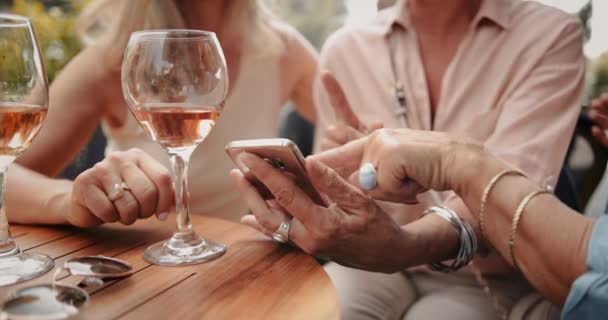 Nahaufnahme reifer Frauen, die Wein trinken und ihr Smartphone benutzen — Stockvideo