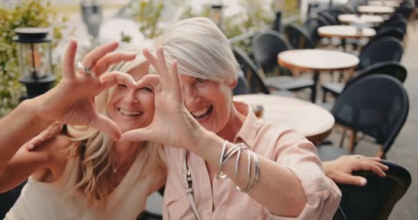 Счастливые зрелые женщины придают форму сердцу своими руками — стоковое видео