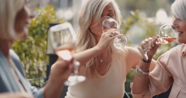 Ältere Freunde trinken Wein und amüsieren sich in der Stadt — Stockvideo