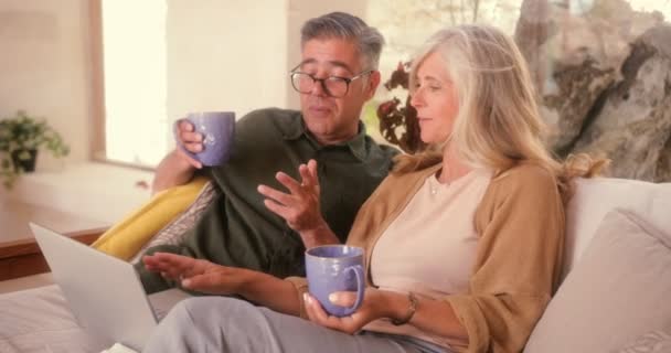 Cuplu pensionar fericit folosind laptopul acasă și navigând online — Videoclip de stoc