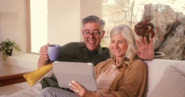 Ältere Paare entspannen sich zu Hause und telefonieren auf dem Tablet — Stockvideo