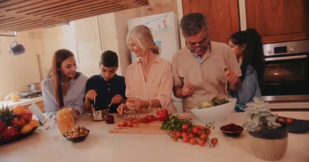 Família feliz cozinhar refeição saudável com avós na cozinha — Vídeo de Stock