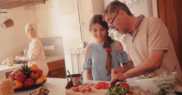 Petite-fille visitant la maison des grands-parents et apprenant à cuisiner — Video