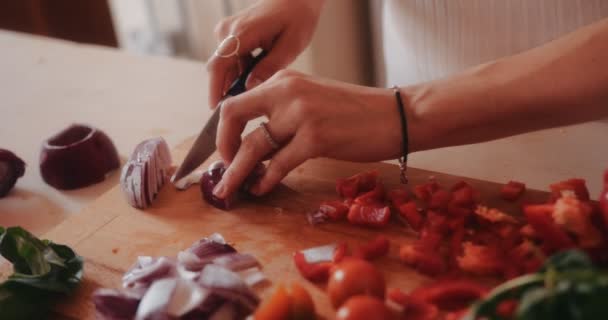 Donna con coltello e cipolla da taglio sul tagliere di legno — Video Stock