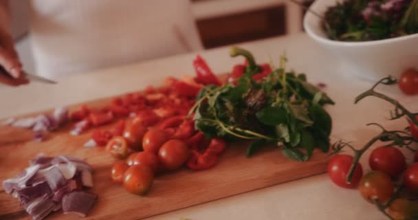 Mulher cortando tomates e fazendo salada fresca em casa — Vídeo de Stock