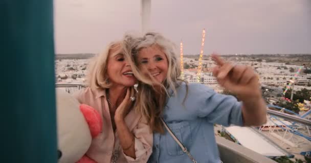 Mujeres mayores disfrutando de ferris paseo en rueda y mirando a la vista — Vídeos de Stock