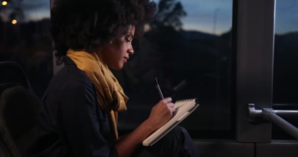 Afroamerikansk kvinna skriver med penna på anteckningsboken sitter på bussen — Stockvideo