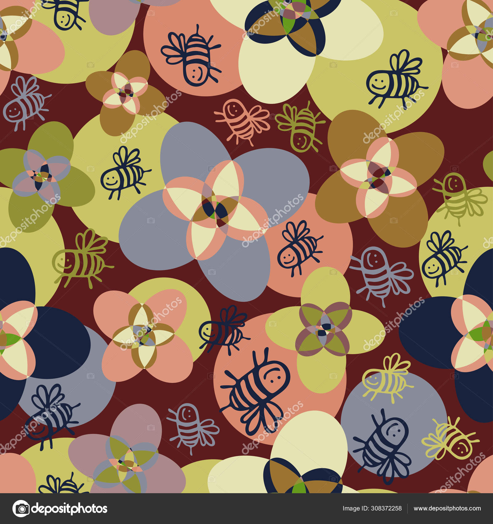 Seamless Vector Pattern Colorful Decorative Bees Flowers Design