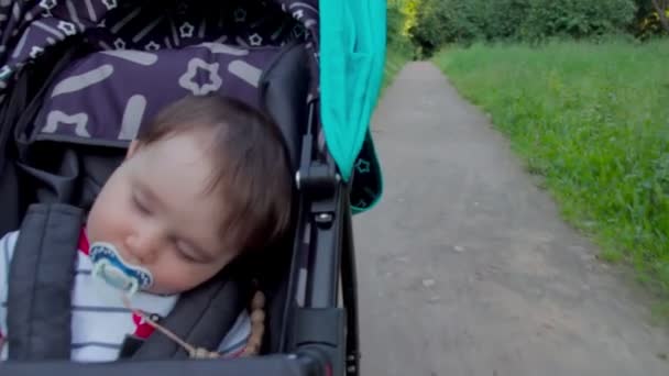 Närbild bedårande liten pojke sover i barnvagnen under promenaden — Stockvideo